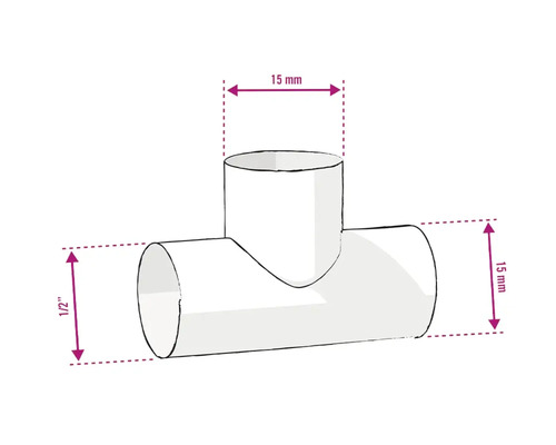 Illustratie van een T-stuk met afmetingen van 15 millimeter en 1/2 inch