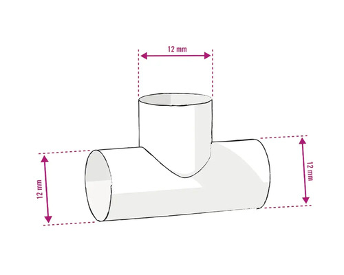 Schets van een T-stuk met een diameter van 12 mm