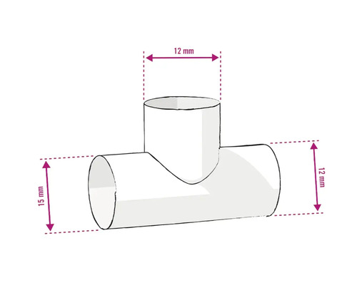 T-stuk met afmetingen van 12 mm en 15 mm