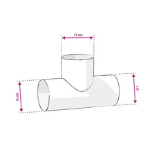 Afbeelding van een T-stuk met de afmetingen 15 mm en 1/2 inch.
