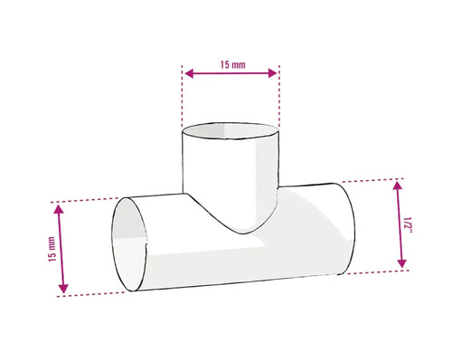 T-stuk buisverbinder met afmetingen 15 mm en 1/2 inch