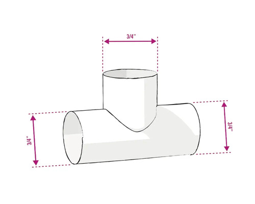Afbeelding van een 3/4 inch T-stuk, die de afmetingen toont