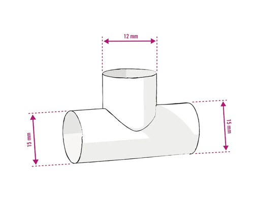 Afbeelding van een T-stuk met maatvoering: 12 mm en 15 mm