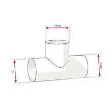 T-stuk met maatindicaties van 16 mm en 1/2 inch
