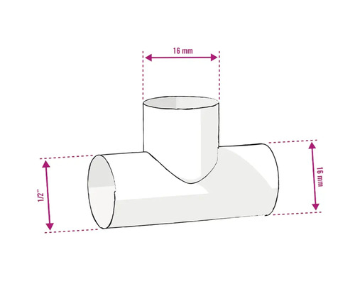 T-stuk met maatindicaties van 16 mm en 1/2 inch