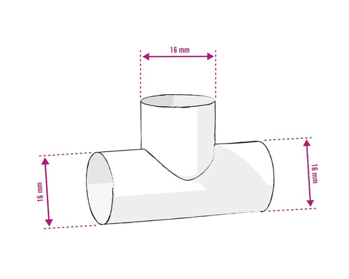 T-stuk met afmetingen van 16 mm