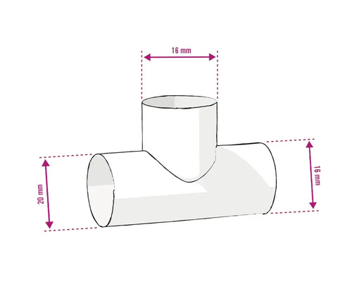 Kunststof T-stuk met afmetingen 16 mm en 20 mm.
