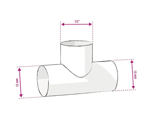 T-stuk met afmetingen 1/2 inch en 15 mm