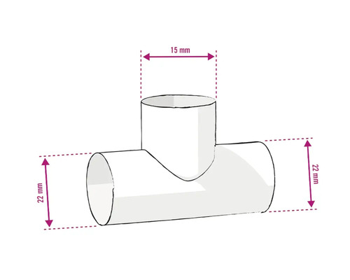 Afbeelding van een T-stuk met de afmetingen 15 mm en 22 mm.