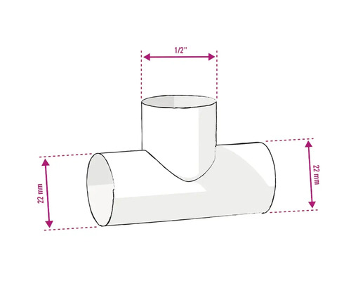 T-stuk met afmetingen 22 mm en 1/2 inch