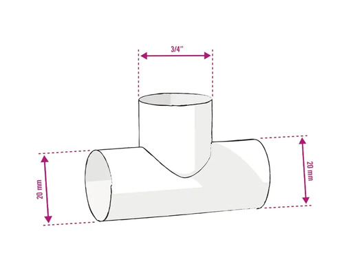 T-stuk buisverbinder met de afmetingen 20 mm en 3/4 inch