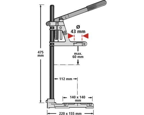 Technische tekening van een handhevelpers met maatvoering
