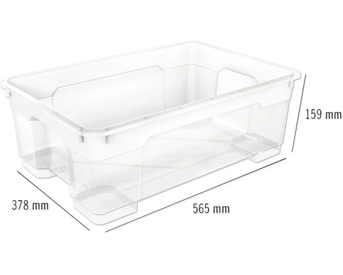 Transparante opbergbox met afmetingen 565 mm lengte, 378 mm breedte en 159 mm hoogte.