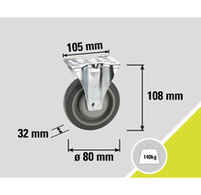 Afmetingen rol: 105 mm x 108 mm, wieldiameter 80 mm, wielbreedte 32 mm, draagvermogen 140 kg