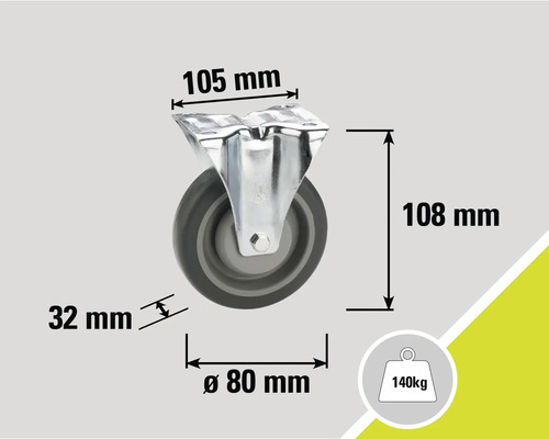 Afmetingen rol: 105 mm x 108 mm, wieldiameter 80 mm, wielbreedte 32 mm, draagvermogen 140 kg