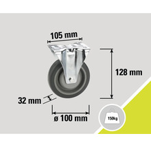 Zwenkwiel met afmetingen 105 mm, 128 mm, 32 mm en diameter 100 mm, draagvermogen 150 kg