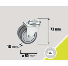 Zwenkwiel met de afmetingen 73 mm hoogte, 50 mm diameter en 18 mm wielbreedte, draagvermogen tot 80 kg