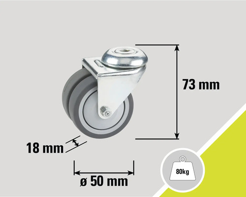 Zwenkwiel met de afmetingen 73 mm hoogte, 50 mm diameter en 18 mm wielbreedte, draagvermogen tot 80 kg