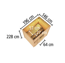 Afmetingen van een houten sauna met de afmetingen 196 cm x 146 cm x 228 cm
