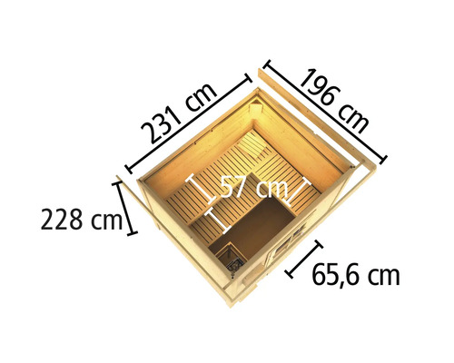 Afmetingen van een tuinsauna met een breedte van 231 centimeter, een diepte van 196 centimeter en een hoogte van 228 centimeter.