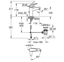 Technische tekening van een kraan met afmetingen