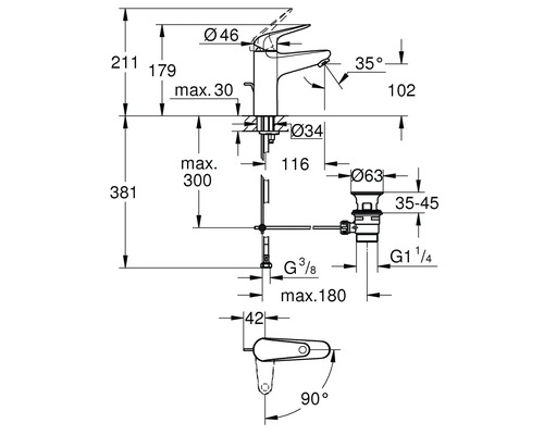 Technische tekening van een kraan met afmetingen