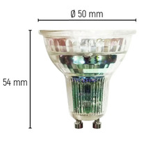 GU10 LED-lamp met afmetingen diameter 50 millimeter en hoogte 54 millimeter