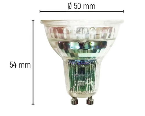 GU10 LED-lamp met afmetingen diameter 50 millimeter en hoogte 54 millimeter