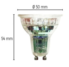 GU10 lamp met afmetingen van 50 mm diameter en 54 mm lengte