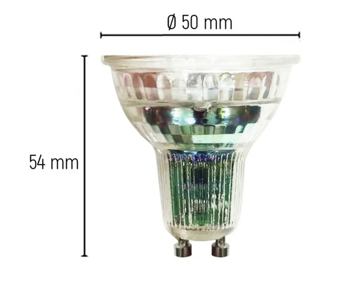 GU10 lamp met afmetingen van 50 mm diameter en 54 mm lengte