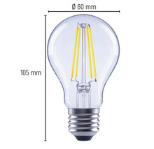 Gloeilamp met afmetingen 60 mm diameter en 105 mm hoogte.