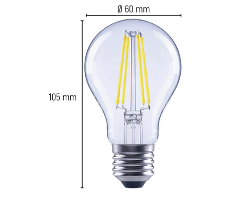 Gloeilamp met afmetingen 60 mm diameter en 105 mm hoogte.