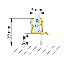 Afbeelding van de afmetingen van een afdichting voor glas met een glasdikte van 5 mm