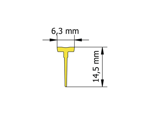 Technische tekening van een profiel met afmetingen 6,3 mm en 14,5 mm