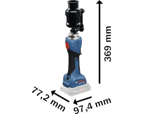 Bosch accu-buispers met afmetingen 369 mm hoogte, 77,2 mm breedte en 97,4 mm diepte