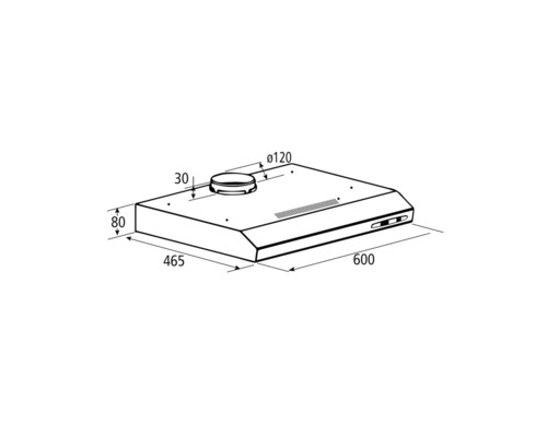 Technische tekening van een afzuigkap met afmetingen