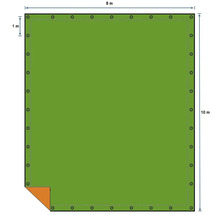 Illustratie van een rechthoekig zeil met ogen en de afmetingen 8 meter bij 10 meter.