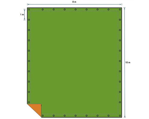 Illustratie van een rechthoekig zeil met ogen en de afmetingen 8 meter bij 10 meter.