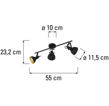 Plafondlamp met drie spots en maataanduidingen
