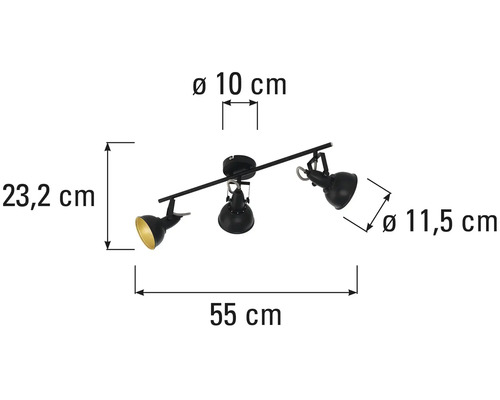 Plafondlamp met drie spots en maataanduidingen