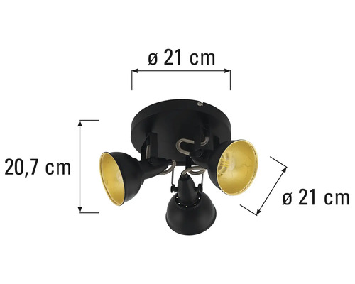 Plafondlamp met drie spots en maataanduidingen