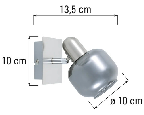 Wandlamp met afmetingen 13,5 cm lengte, 10 cm hoogte en 10 cm diameter
