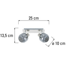 Plafondlamp met twee spots en afmetingen van 25 cm breed, 13,5 cm hoog en 10 cm diameter