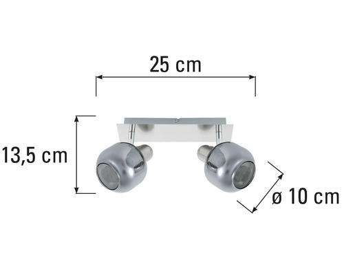 Plafondlamp met twee spots en afmetingen van 25 cm breed, 13,5 cm hoog en 10 cm diameter