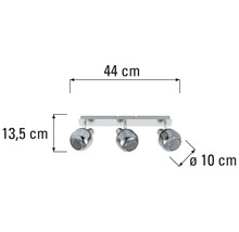 Plafondlamp met drie spots en maataanduidingen