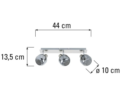 Plafondlamp met drie spots en maataanduidingen