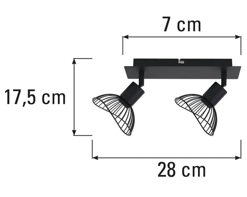 Afmetingen van een zwarte plafondlamp met twee spots