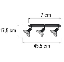 Afmetingen van een zwarte plafondlamp met drie spots.