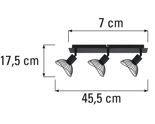 Afmetingen van een zwarte plafondlamp met drie spots.