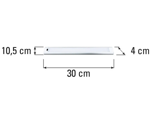 Afbeelding van de afmetingen van een onderbouwlamp: 30 centimeter breed, 10,5 centimeter hoog en 4 centimeter diep.
